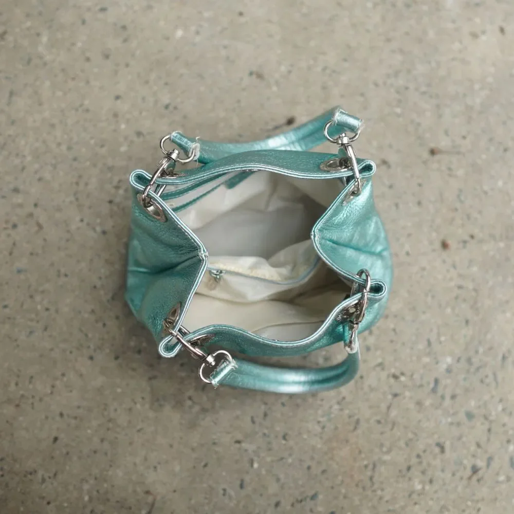 Arcadia Italy Metallic Turquoise Leather Grommet Shoulder Bag Y2K Vintage RARE